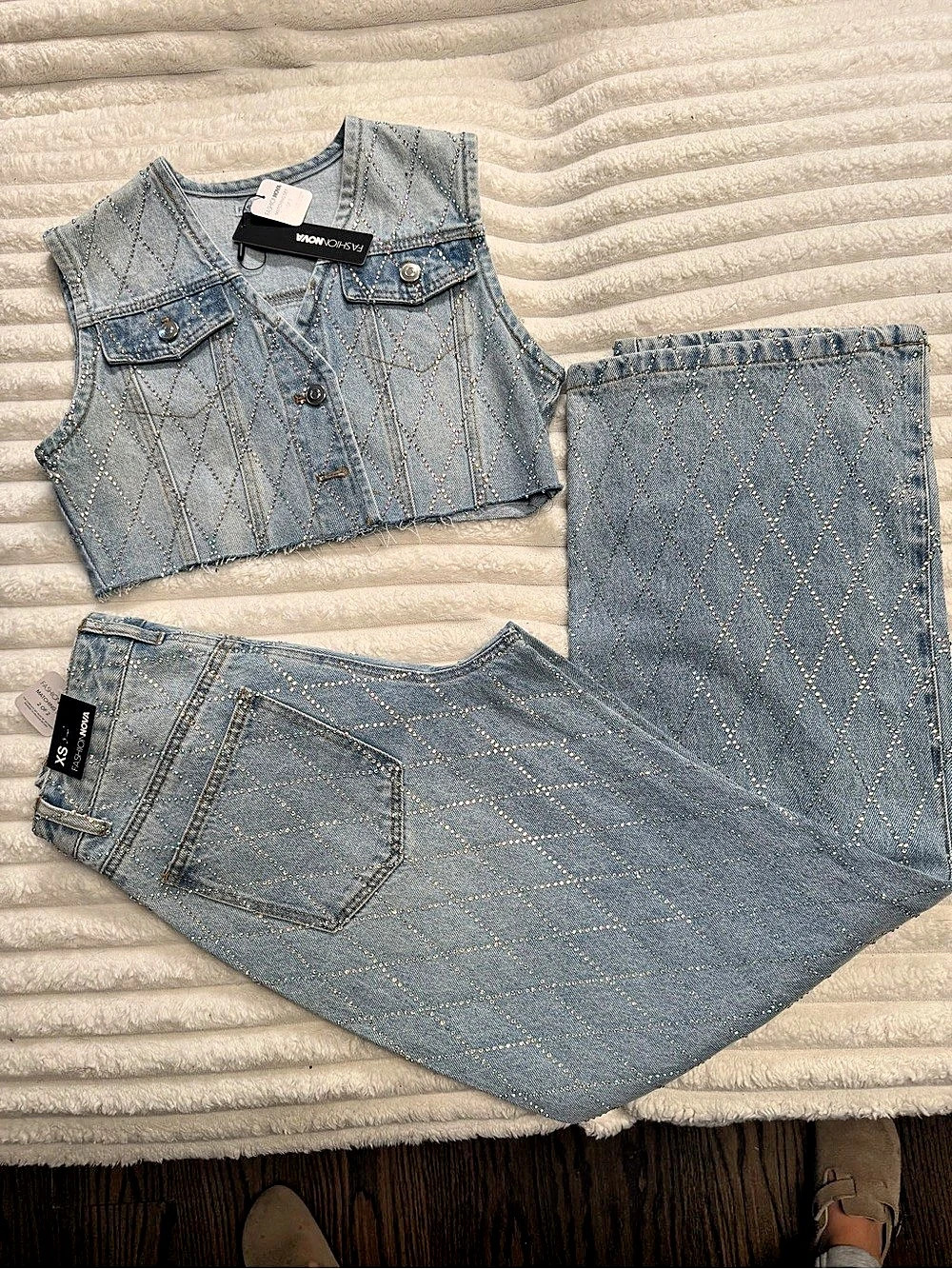 Fashion Nova Rhinestone Denim Vest & Straight Leg Jeans XS NWT